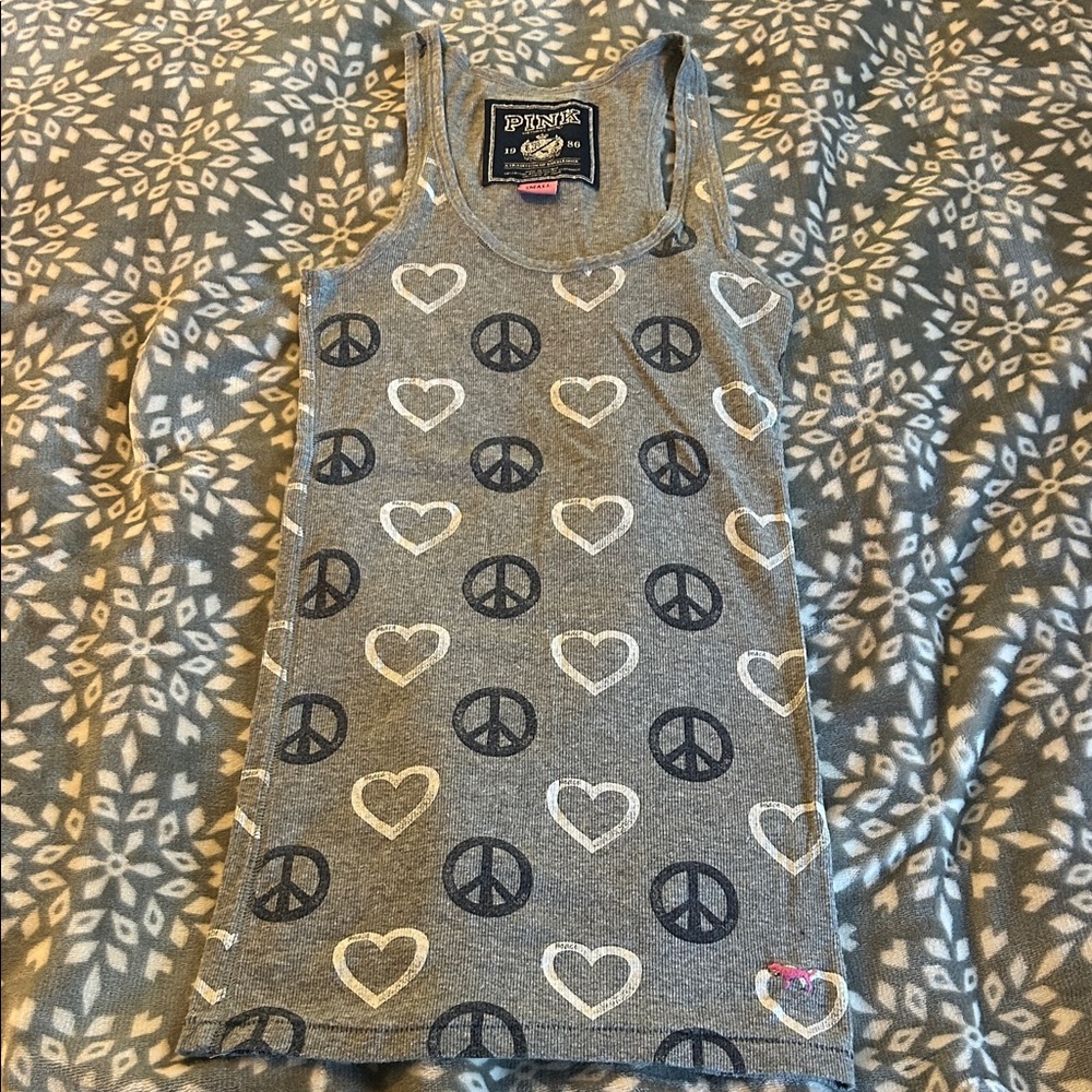 PINK Victoria's Secret Gray Tank Top with Heart & Peace Sign Patterns